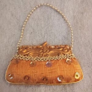 Ceramic Miniature Ornate Purse Handbag Figurine Scrollwork Sequins Gold Trim